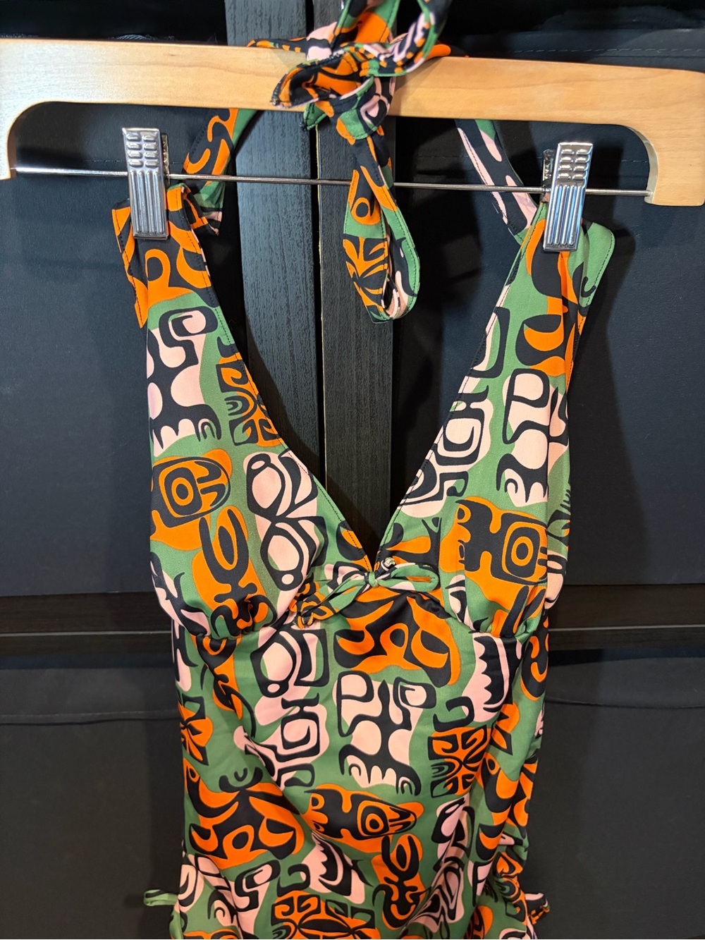 Pinup Couture Raquel Green Palm Springs Tiki Print Halter Swimsuit XS NWT - Picture 5 of 9
